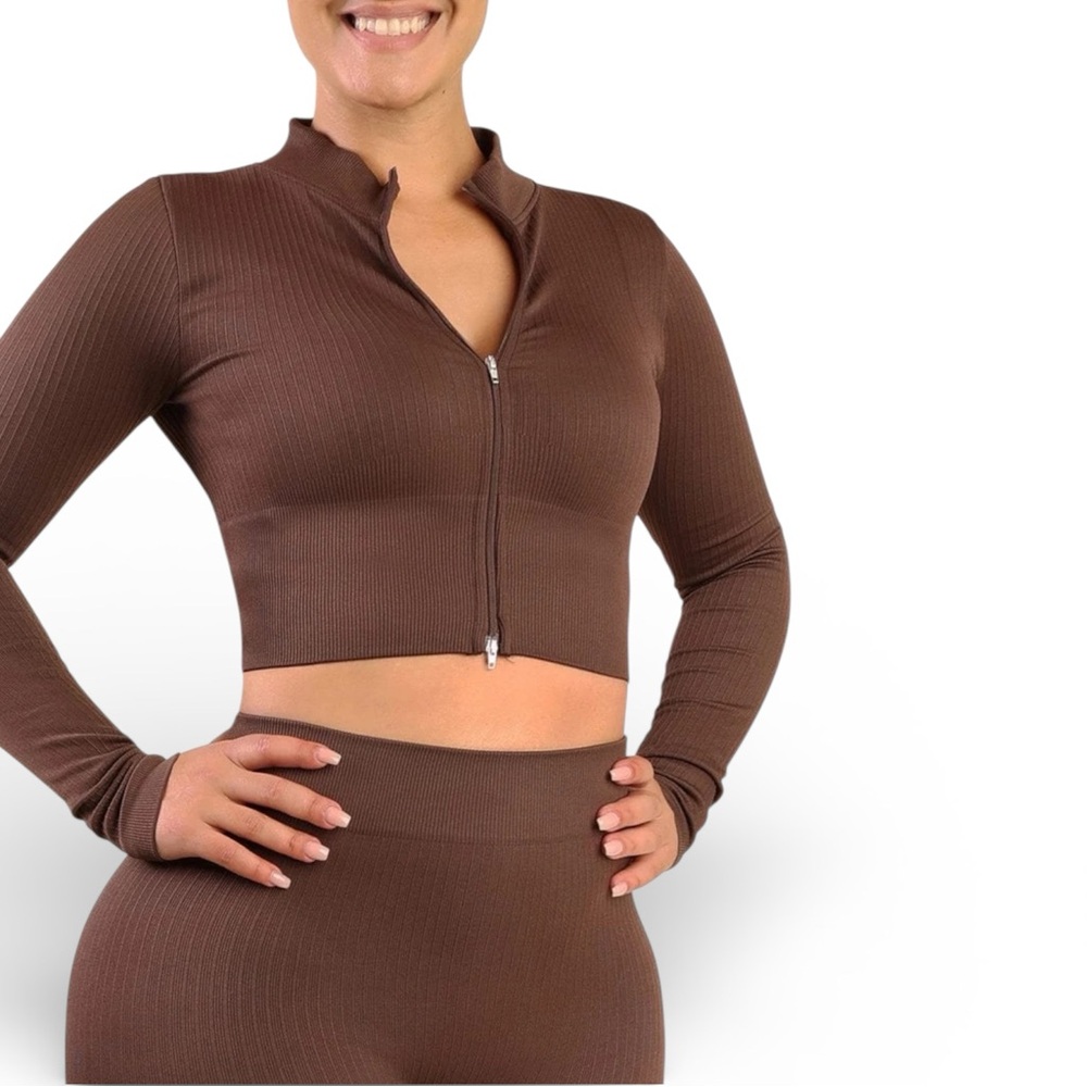 Brown Ribbed Cropped Zip-Up Sweater – Size S - Picture 2 of 6
